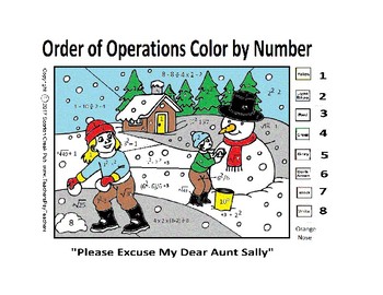 Preview of Snowman Winter Color by Number - PEMDAS Order of Operations ex. 2(5-1)/(1+1)=X