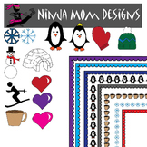 Winter Fun Frames and Borders Clip Art in Color and Black Line