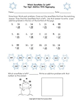 Winter Fun: Which Snowflake Is Left? Two Digit Addition With Regrouping