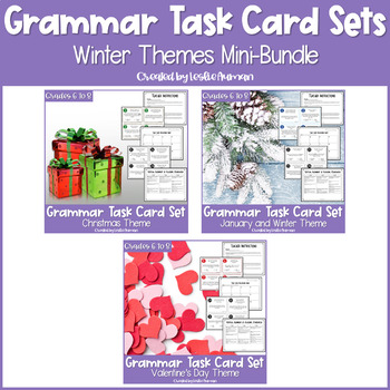 Preview of Christmas, Winter, and Valentine's Day Grammar Task Cards BUNDLE