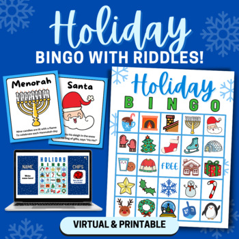 Preview of Winter Holiday BINGO with Riddles & Call Cards! - Print and Virtual