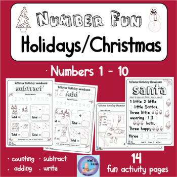 Preview of Winter Holiday / Christmas Season Number Fun! Count, Add, Subtract, Write 1 - 10