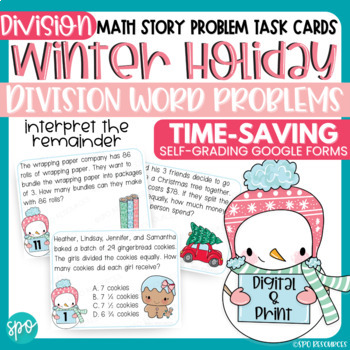 Preview of Winter Holiday Math Task Cards Division Interpret the Remainder Word Problems
