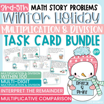 Preview of Winter Holiday Math Multiplication and Division Word Problem Task Card Bundle