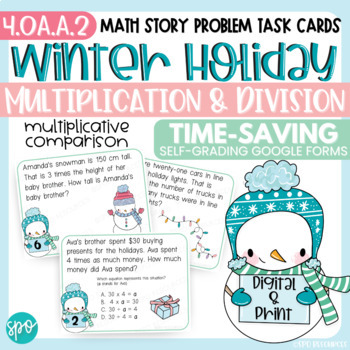 Preview of Winter Holiday Math Task Cards Multiplicative Comparison Word Problems 4th Grade