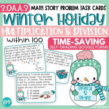 Preview of Winter Holiday Math Word Problem Task Cards Multiply & Divide- Digital & Print