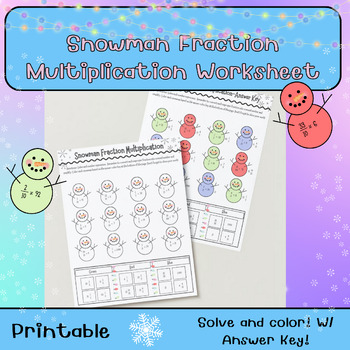 Preview of Winter Holiday: Snowman multiplication worksheet fractions and whole numbers