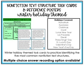 Preview of Winter Holiday Themed Nonfiction Text Structure Task Cards & Reference Posters