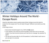 Winter Holidays Around the World - Escape Room - No prep!