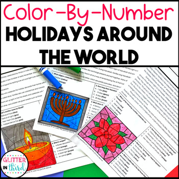 Preview of Winter Holidays Around the World Reading  Color By Number Coloring Sheets