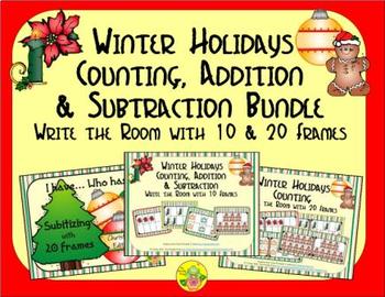 Preview of Winter Holidays Count, Add & Subtract Bundle with 10 & 20 Frames {Subitizing}