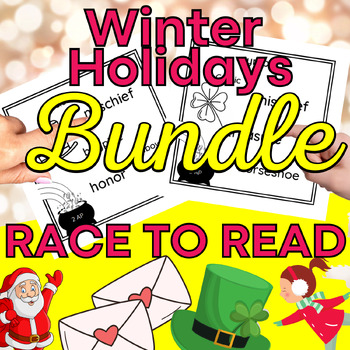 Preview of Winter Holidays Reading Games Bundle - Christmas Valentine's St. Patrick's Day