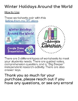 Preview of Winter Holidays Worksheet (Pairs with Presentation in my shop)