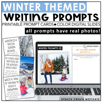 Preview of Winter January Writing Prompts - Printable Cards - Digital Slides - Real Photos