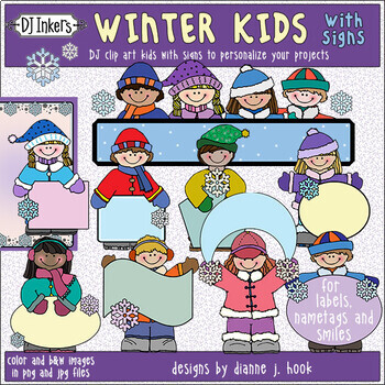 Preview of Winter Kids with Signs - Text Blocks Clip Art Download
