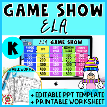 Preview of Winter Kindergarten ELA Game Show - PowerPoint Game + Printable Worksheet