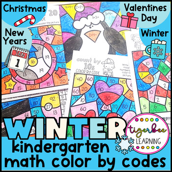 Preview of Winter math color by codes: Kindergarten- Christmas, New Years & Valentines Day