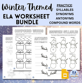 Preview of Winter Language Arts Worksheets | Synonyms, Syllables, Compound Words, Etc.