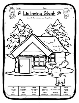 Preview of Winter Log Cabin Listening Glyph Elements of Music Coloring Worksheet Activity