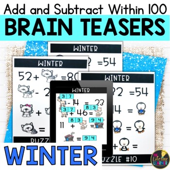 Preview of Winter Logic Puzzles 2nd Grade Brain Teasers Addition and Subtraction to 100