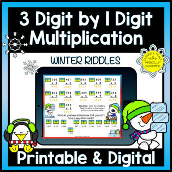 Preview of Winter Math 3 Digits by 1 Digit Multiplication Riddles 