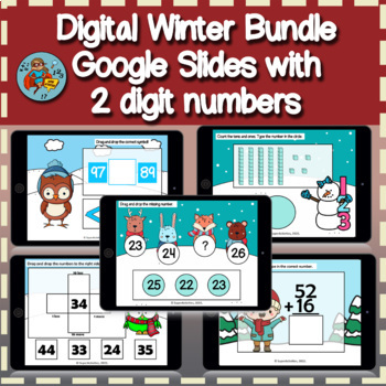 Preview of Winter Math Activities, Digital Bundle - 2 digit numbers, January Google Slides 