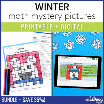 Preview of Winter Math Activities Mystery Picture & Pixel Art BUNDLE | Fractions
