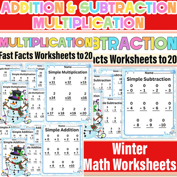 Preview of Winter Math Addition , Subtraction & Multiplication within 20 Worksheets Bundle