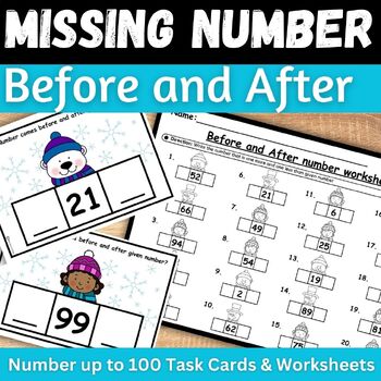 Preview of Winter Math Before and After Numbers worksheets & Task cards 1 more 1 less