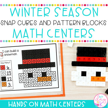Preview of Winter & January Math Centers | Snap Cubes, Pattern Blocks, and Geoboards