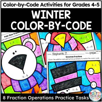 Preview of Winter Color by Code Math Activities: Adding and Subtracting Fractions