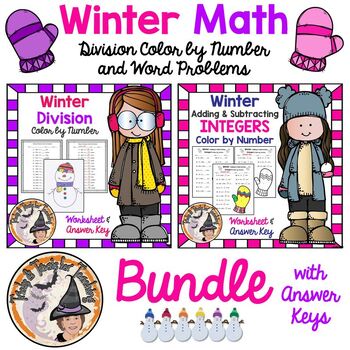 Preview of Winter Math Division Color by Number and Adding Subtracting Integers BUNDLE