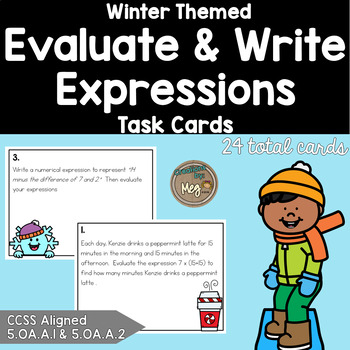 Preview of Winter Math: Evaluate and Write Expressions - Algebraic Expressions - Task Cards