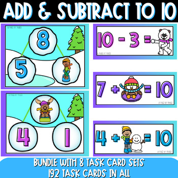 Preview of Winter Math Facts Task Cards Bundle - Add and Subtract to 10 Task Cards