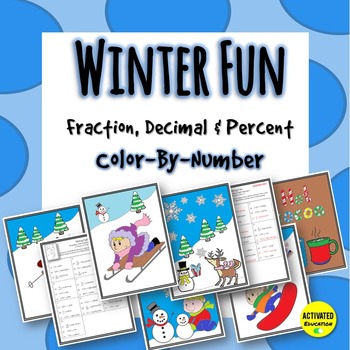 Preview of Winter Math Fraction, Decimal & Percent Color By Number