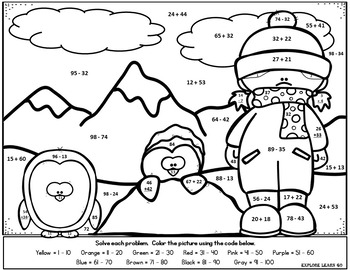 2 Digit Addition Subtraction Color By Number | Digital Winter Math Activity