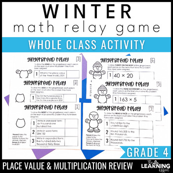 Preview of Winter Math Game for 4th Grade | Relay Review Activity | Multiplication