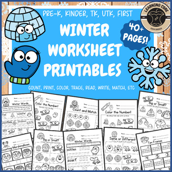 Preview of Winter Math + Literacy Worksheets No Prep PreK Kindergarten First TK UTK