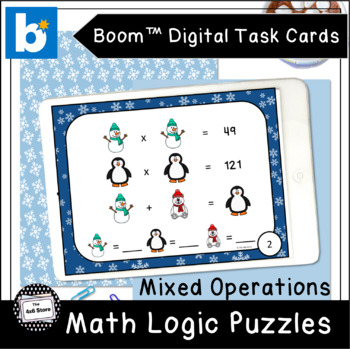 Preview of Winter Math Logic Puzzles Mixed Operation Digital Task Cards Boom