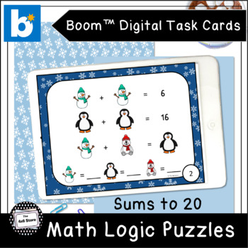 Preview of Winter Math Logic Puzzles Sums to 20 Digital Task Cards Boom Learning