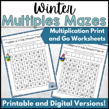 Preview of Winter Math Multiples Mazes - Multiplication Print and Go Worksheets