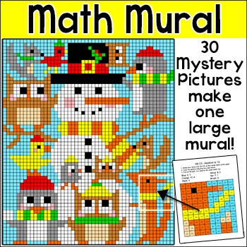 Preview of Winter Math Mystery Picture Snowman Mural: Collaborative Poster January Activity