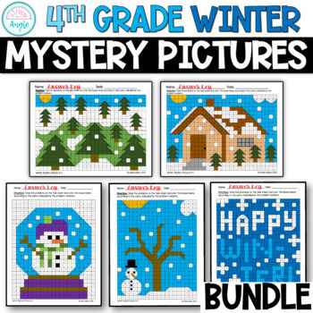 Preview of Winter Mystery Coloring Pictures - 4th Grade Math Review- Math Mysteries- BUNDLE