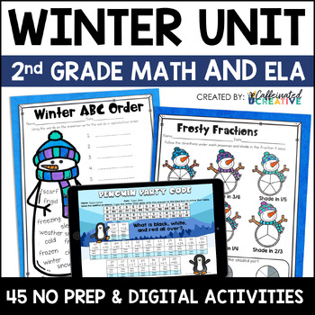 Preview of Winter Math Reading Writing Activities Worksheets 2nd Grade No Prep & Digital