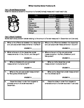 Preview of Winter Math Story Problems - Decimals