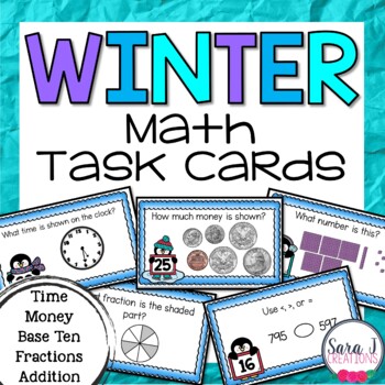 Preview of Winter Math Task Cards Time Money Fractions Place Value