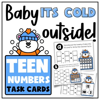 Preview of Winter Math Teen Numbers Task Cards for Grades K-1