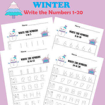 Winter Math Tracing Numbers Worksheets 1-20 Handwriting Practice PreK