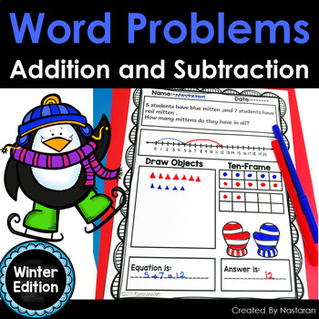 Preview of Winter Math Word Problems Worksheets Addition and Subtraction Within 20