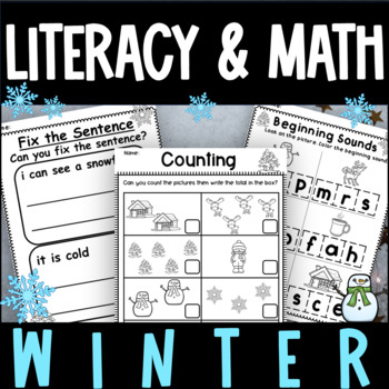 Preview of Winter Math Literacy Addition Subtraction Counting Place Value Phonics Sentences